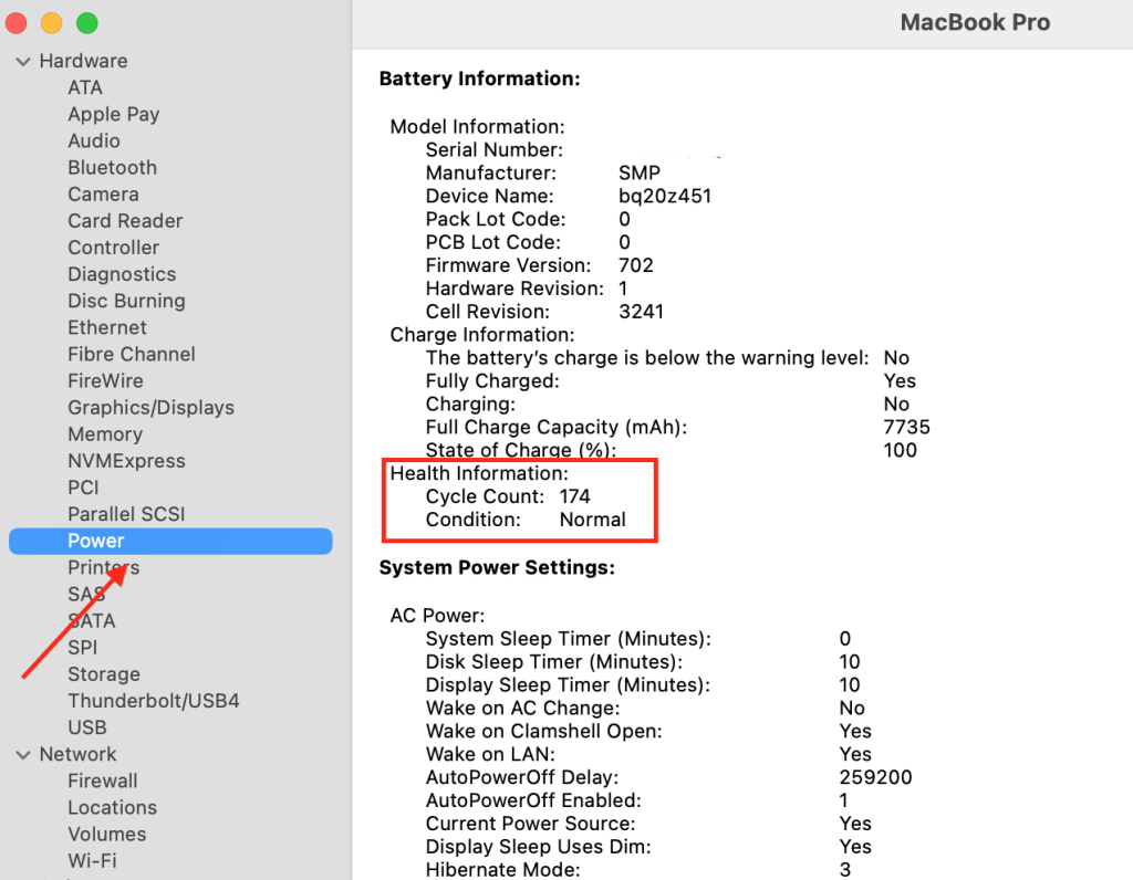 Apple Menu < About This Mac < More Infor < System Report < Power
