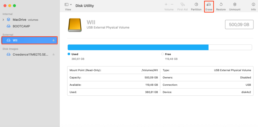 External Drive > Erase