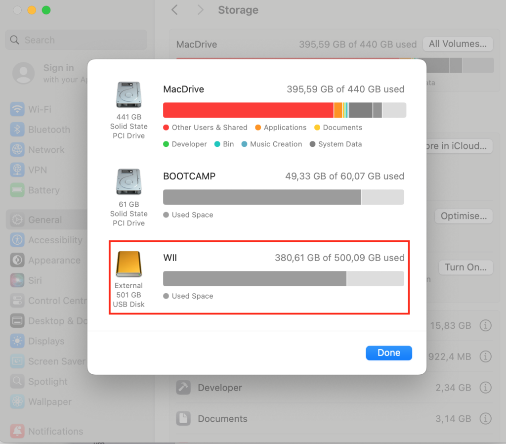 System Settings > General > Storage > All Volumes > External Drive