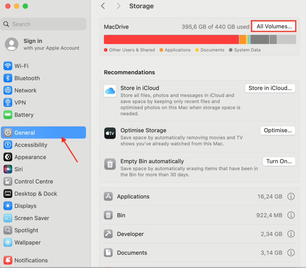 System Settings > General > Storage > All Volumes