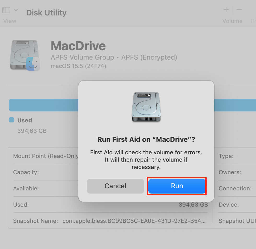 External Drive > First Aid > Run