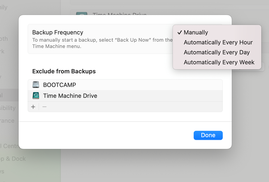 System Settings > Time Machine > Options > Backups Frequency