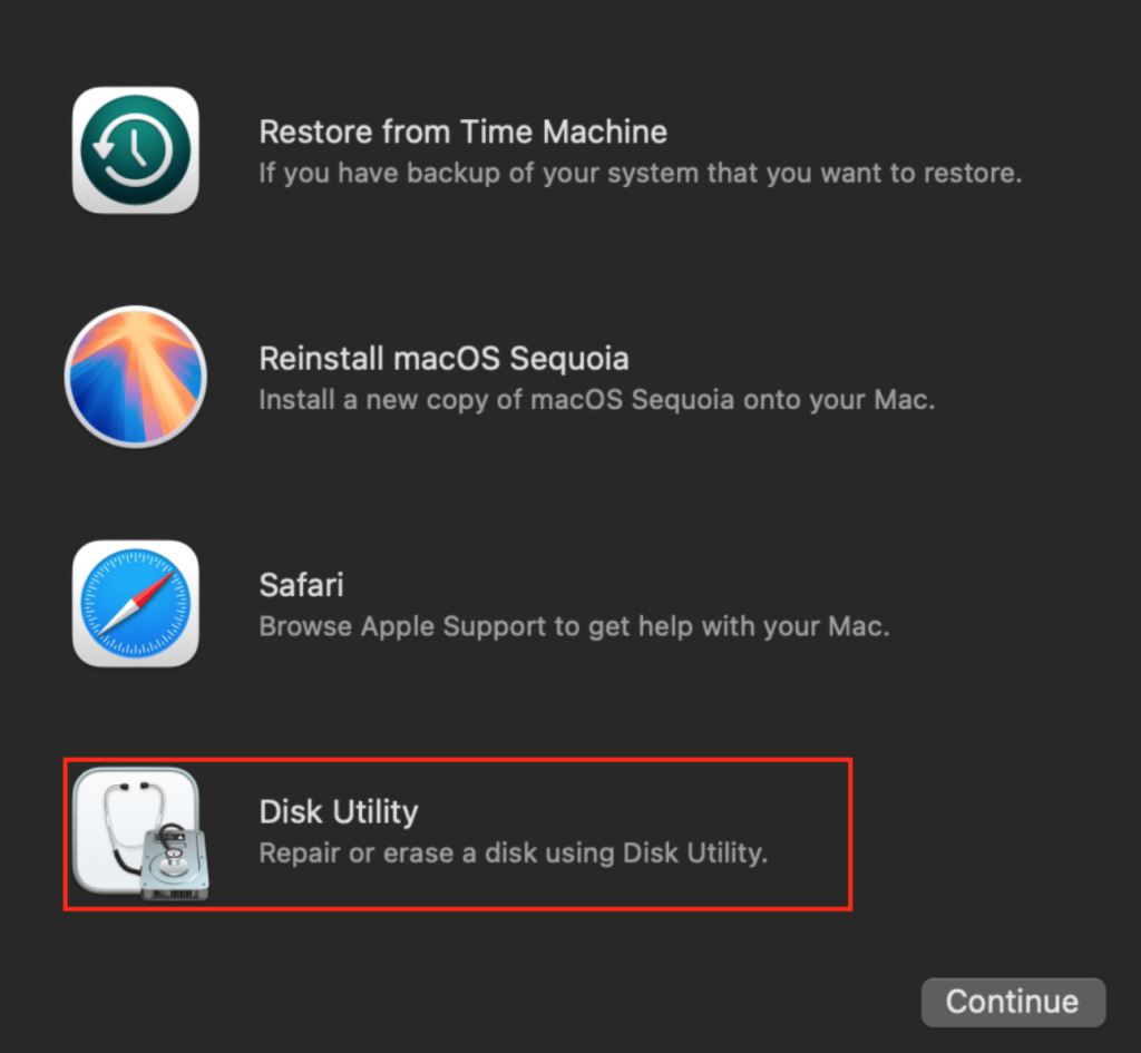 Restart > Recovery Mode > Disk Utility