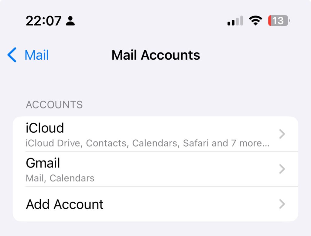 Settings > Mail Accounts