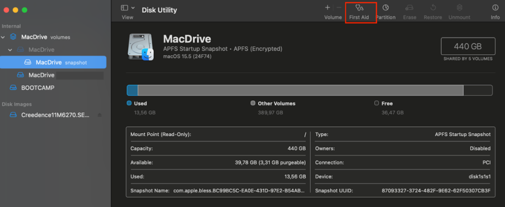 Finder > Applications > Utilities > Disk Utility > First Aid