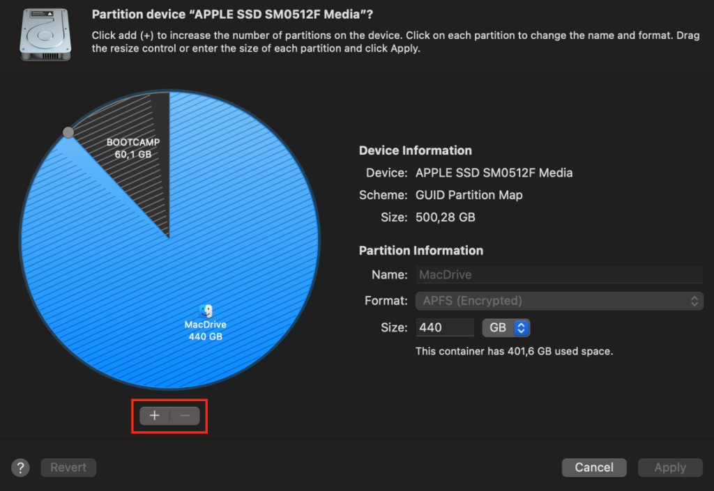 Disk Utility > Volume > Partition > Add