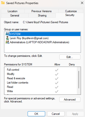 Switch to the Security tab