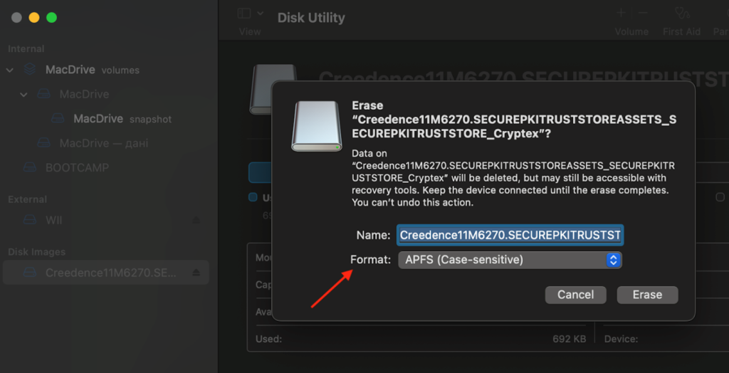Disk Utility > Volume > Erase > Set Format
