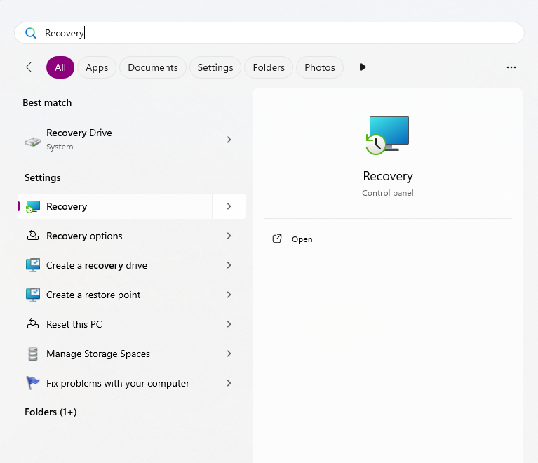 search Recovery in the Start menu