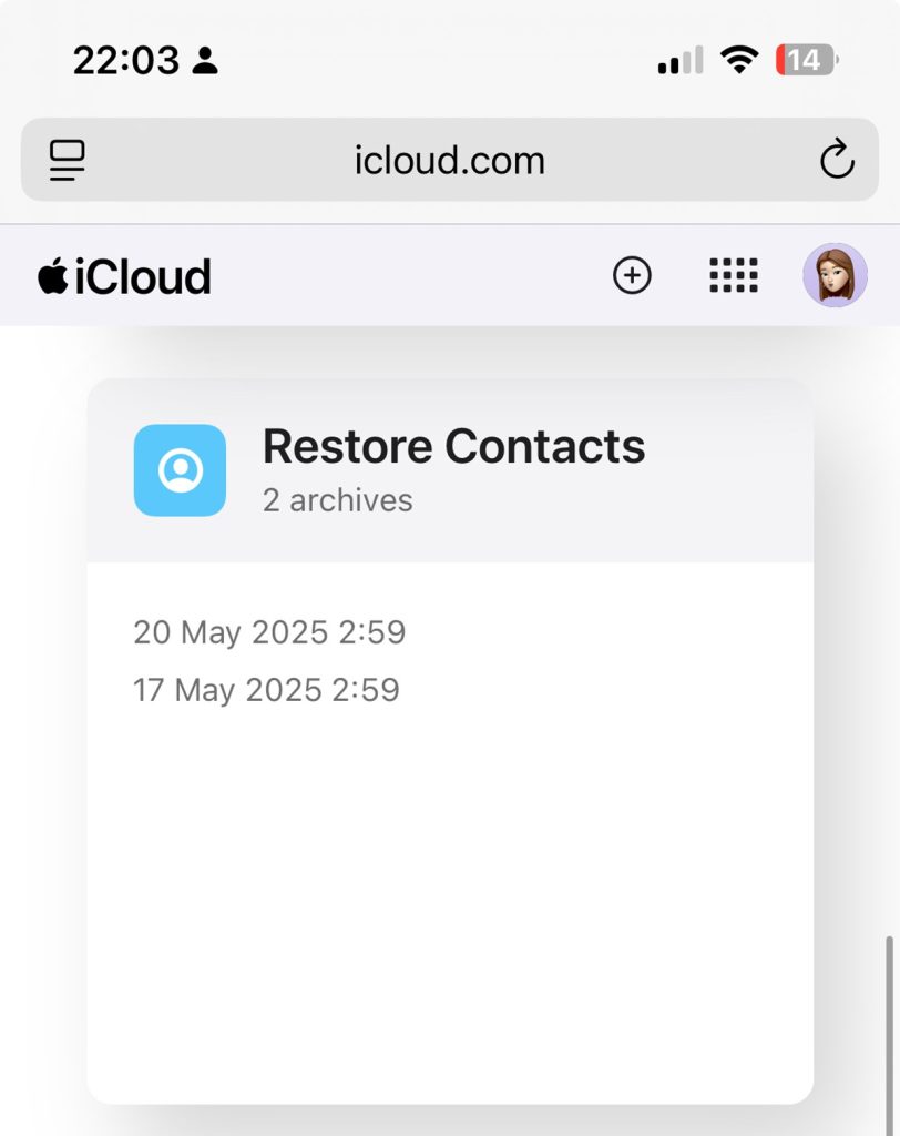 iCloud Account > Data Recovery > Restore Contacts