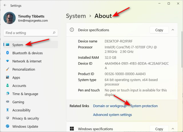 Click System Protection on the screen