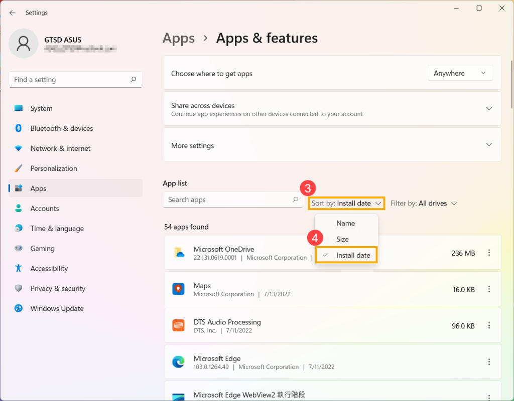 Open Settings > Apps > Apps & features