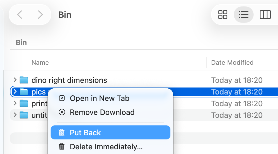 Trash > Put back a deleted item