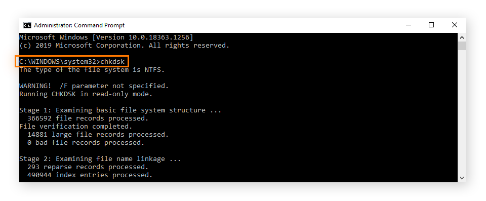 Use chkdsk C: /f in Run as administrator