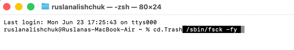 Put the command /sbin/fsck -fy in the command line