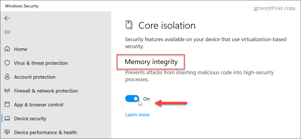 Turn Off the switch for Memory integrity