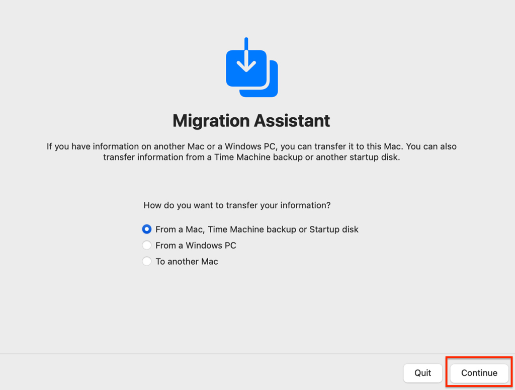 follow the prompts from the Migration Assistant