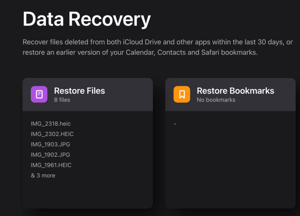 iCloud > Data Recovery > Restore Files
