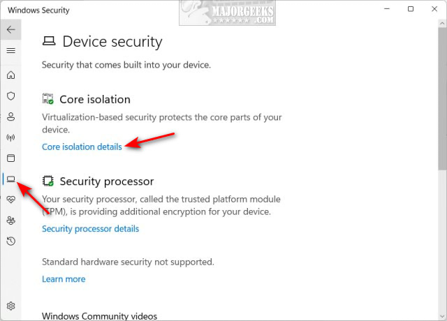 click Core isolation details
