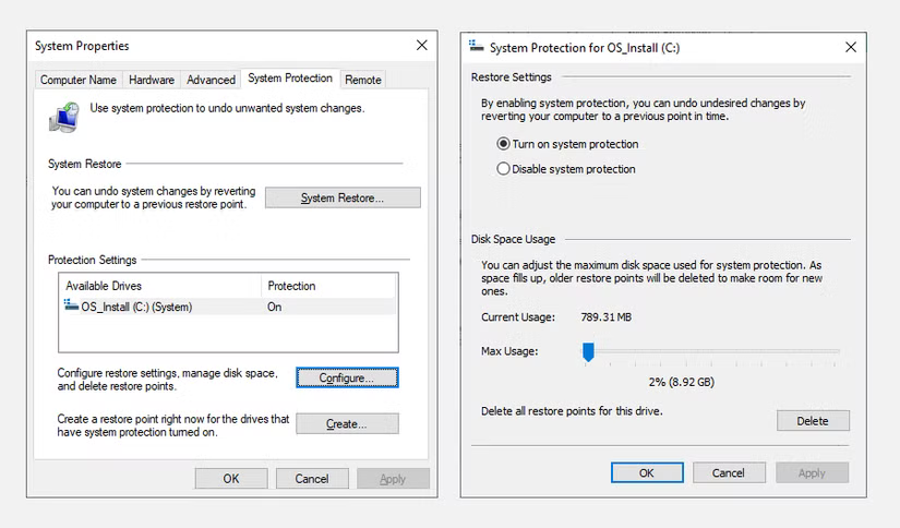 ensure that the Turn on system protection option is selected