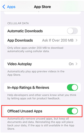 Settings > Apps > App Store > Offload Unused Apps