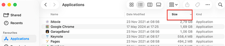 Finder > Applications > Sort by Size