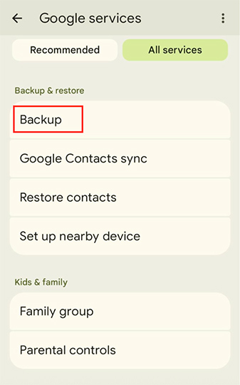 Settings > Google > All services > Backup