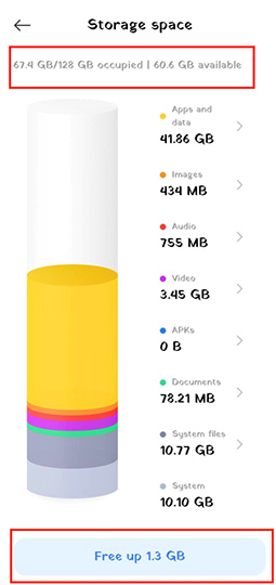 Settings > About phone > Storage