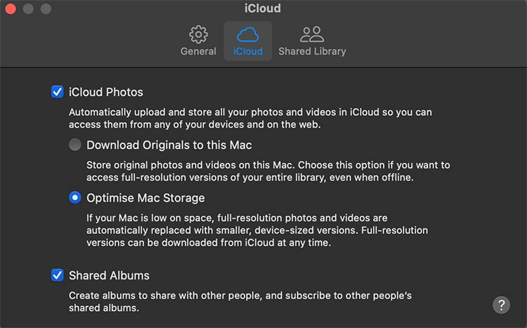 select Photos > Settings… > iCloud > Optimize Mac Storage