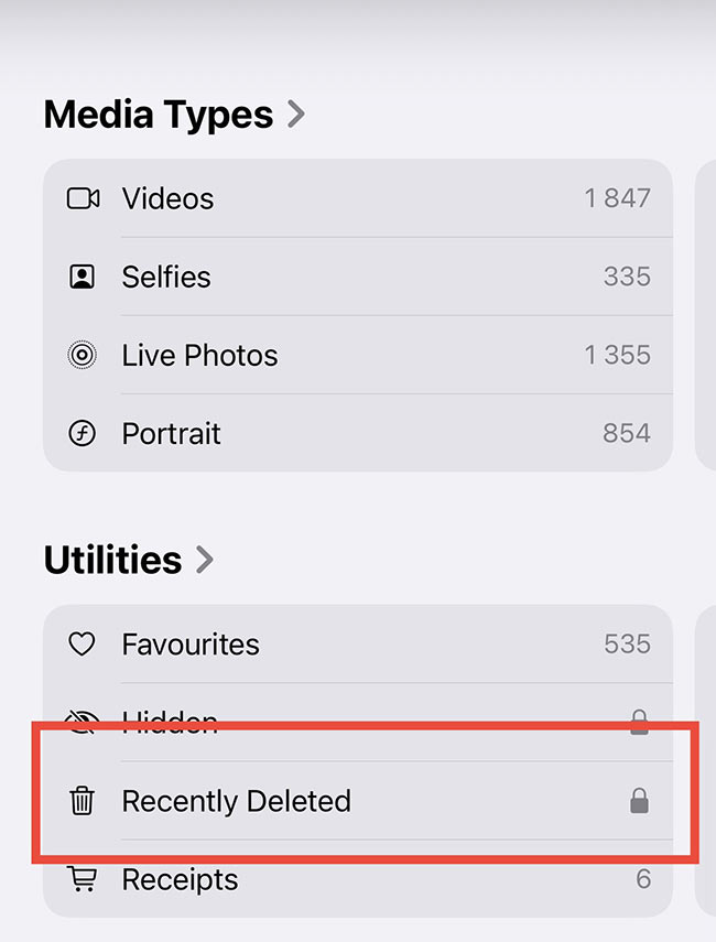 Photos > Recently Deleted