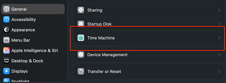 System Settings > General > Time Machine