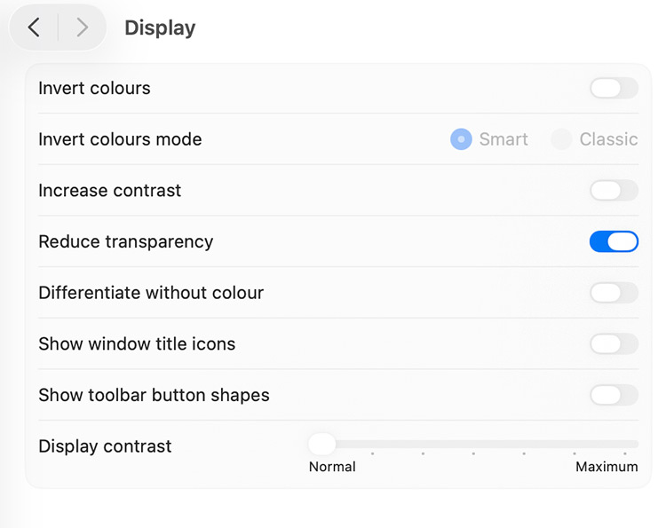 macOS Tahoe > redice transparency feature