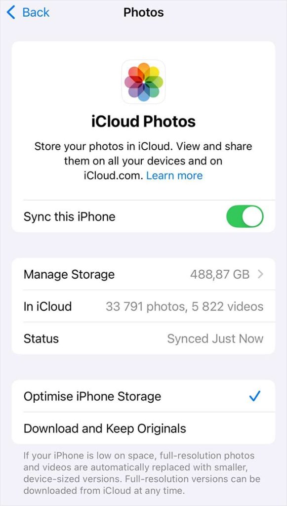 Settings > Apple Account > iCloud > iCloud Photos