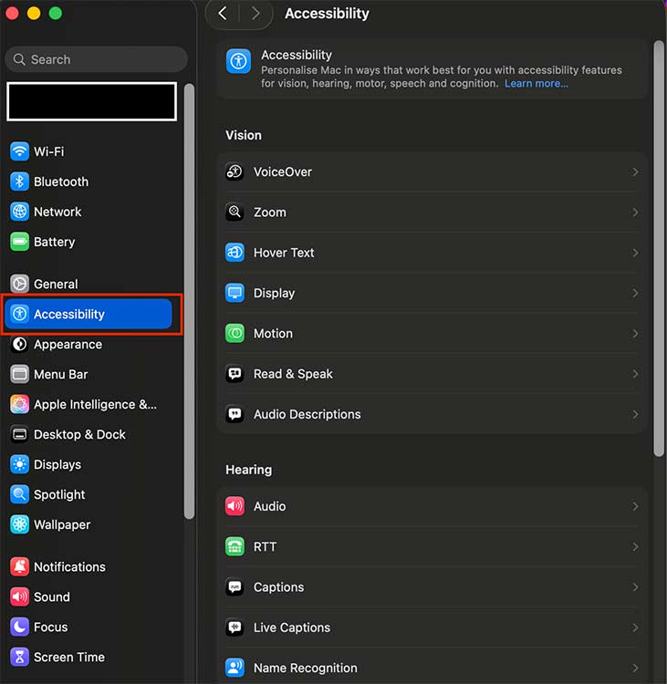 System Settings > Accessibility
