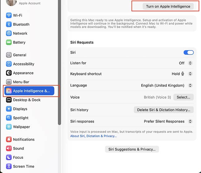 System Settings > Apple Intelligence & Siri > Turn On Apple Intelligence