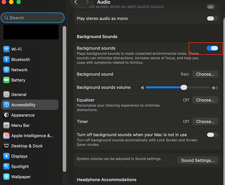 System Settings > Accessibility > Background Sounds