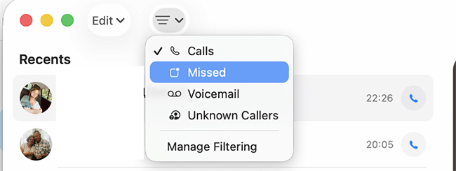 Phone App on Mac > missed calls