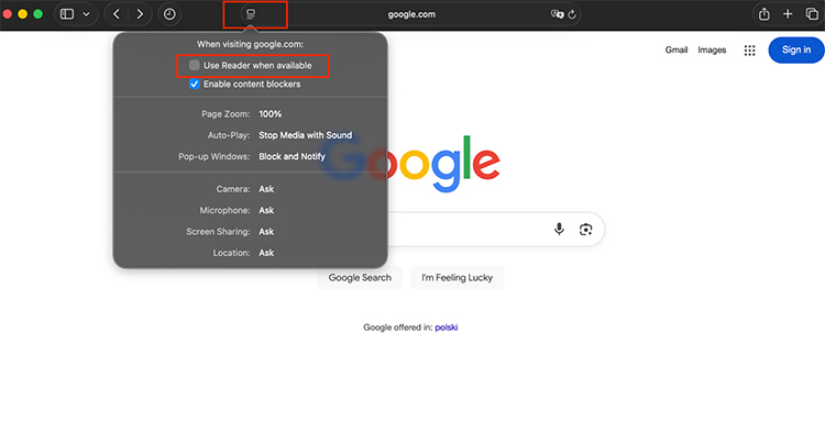 activate Accessibility Reader mode through the Reader View button