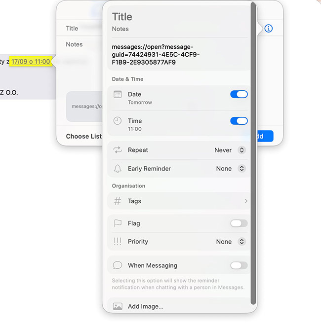 Creation of Smart Reminder from the Messages App