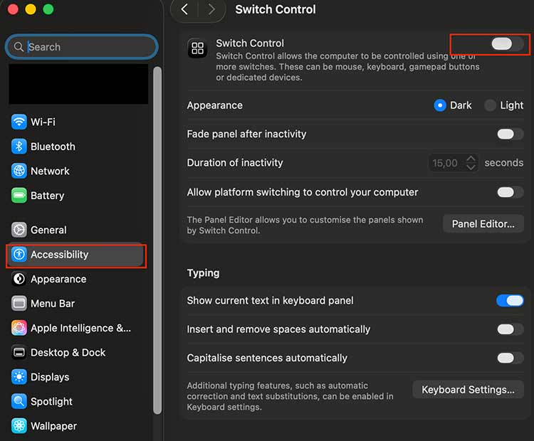 System Settings > Accessibility > Switch Control