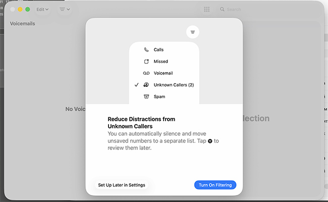 Phone app > filter unknown callers