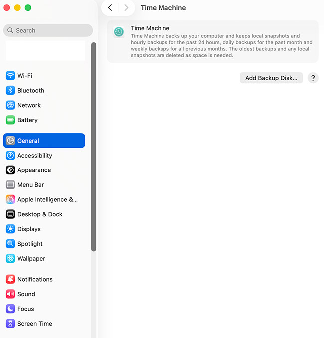 System settings > General > Time Machine