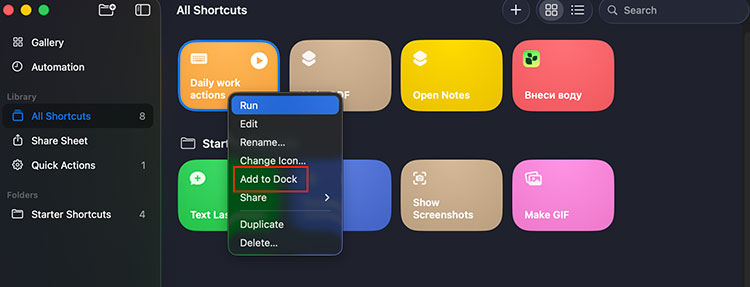 Add a shortcut to the Dock