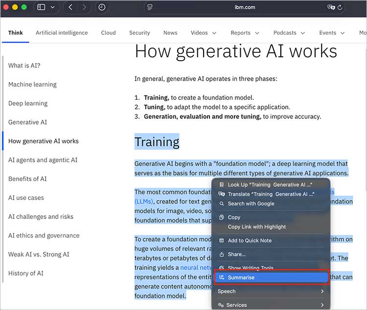 Using Apple Intelligence feature – Summarise in Safari