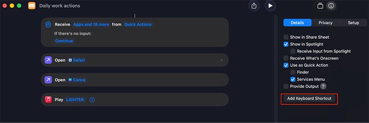 Create a trigger for starting the shortcut on Mac