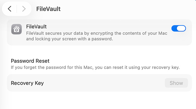 FileVault is enabled in macOS Privacy & Security settings