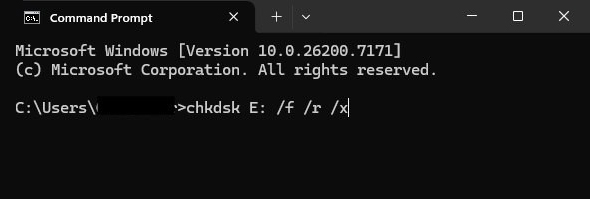 Start > Command Prompt (Run as Administrator) > "chkdsk E: /f /r /x"
