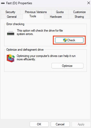Start > Disk Management > Properties > Tools