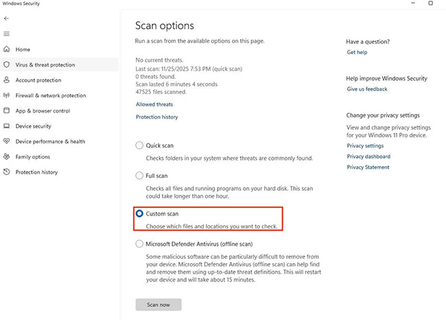 Windows Security > Virus and Threat Protection > Scan Options
