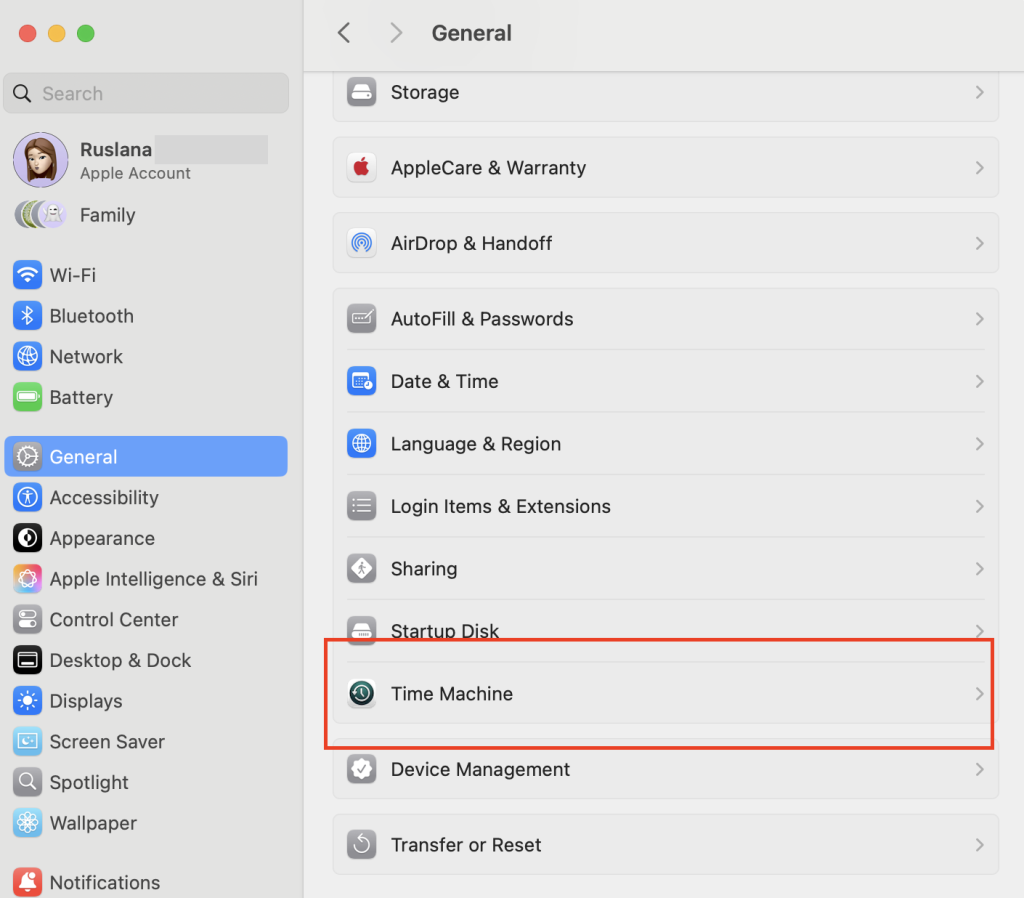 System Settings > General > Time Machine